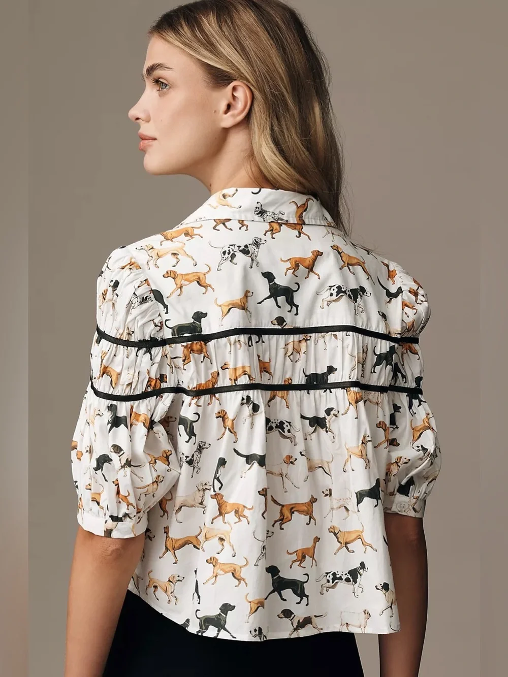 Anthropologie Maeve The Leandra Shirred Yoke Cotton Dog Print Puff Sleeve Blouse